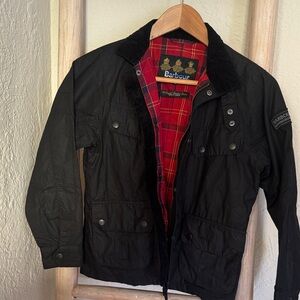 Kids Barbour Enfield Wax Black Jacket with Red Plaid Lining